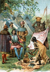 1518 - 1519: Fernand Cortez lämnade för erövringen av Mexiko tar emot presenterna av kejsar Montezuma. av Unknown artist