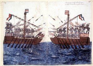 1500-talsgravyr som skildrar mötet med ett piratskepp i Indiska oceanen. Rom biblioteca Casantense. av Unknown artist