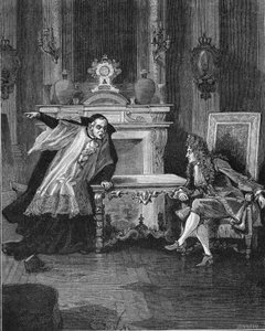 1715: Frankrikes kung Ludvig XIV (1638-1715) hörde orden av fader Michel Le Tellier (1643-1719), hans jesvitbiktfader. Gravyr av 1800-talet. I "Histoire de France" av Jules Michelet av Unknown artist