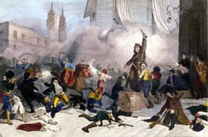 1808-02-05: Madriduppror mot det franska övertagandet av Spanien. Gravyr av 1800-talet av Unknown artist