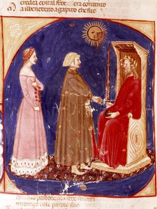 2:a himlen: Dante och Beatrice möter den romerske kejsaren Justinianus i paradisets 1:a himmel. Upplyst sida som illustrerar en sång om Paradiset från "Divina Commedia" av Dante Alighieri (1265-1321). 1300-talet, Venedig, Biblioteca Marciana av Unknown artist