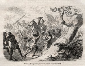 ARRESTERING AV Sir William Douglas "" the Hardi"" (den djärva), Lord of Douglas (1243 - 1298) en 1296 - gravyr i "" Dictionnaire populaire illustrious" - 1864 - av Joseph Decembre och Edmond Allonier - av Unknown artist