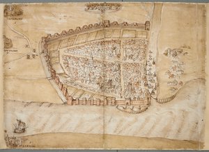 ハルの町の 16 世紀の表現。 この地図は、ハル川がハンバー河口に流れ込む場所に位置するハルの町を示しています。 これは、スウェーデンの 153 年頃後半に沿岸防御の状態を示すために描かれた一連の計画の 1 つです。 av Unknown artist