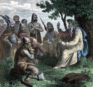 A Bard Reciting to Northmen - Viking Civilization: A Bard Druid Recite Poesy to Warriors, 800-900-talet av Unknown artist
