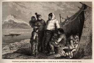 En grönländsk inuitfamilj i sitt sommarskinnsläger. Gravyr för att illustrera resan till den arktiska polens fria hav, av doktor Hayes, kirurg vid den amerikanska flottan, 1860-1862, publicerad i "Le tour du monde, nouveau journal des voyages", redigera av Unknown artist