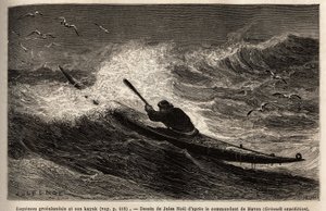 En grönlandskajak som passerar vågbarriären. Gravyr för att illustrera resan till den arktiska polens fria hav, av doktor Hayes, kirurg vid den amerikanska flottan, 1860-1862, publicerad i "Le tour du monde, nouveau journal des voyages", redigerad av Ed av Unknown artist