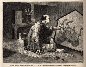 En japansk konstnär som målar en yema (legendarisk hästmålning). Gravyr för att illustrera resan till Japan, 1863-1864, av Aime humbert, minister för Schweiziska edsförbundet, i "" Le tour du monde, nouveau journal des voyages"" publicerad under direktivet av Unknown artist