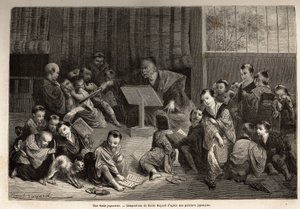 En japansk skola, för undervisning av unga pojkar, som sitter på huk runt sin lärare, lär sig genom recitationsövningar elementen i alfabetet och grammatiken. Gravyr för att illustrera resan till Japan 1863-1864, av Aime Humbert, minister för t. av Unknown artist