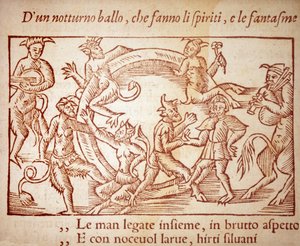 En sabbat, gravyr av Olaus Magnus (1490-1557), svensk religiös och geograf, -i "History of the Northern Nation" av Unknown artist