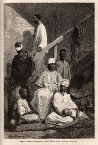 En senegalesisk familj från Saint Louis (Saint Louis). Gravyr för att illustrera en kryssning på Afrikas kust, av viceamiral Fleuriot de Langle, 1868, publicerad i "" Le tour du monde""" 1872, redigerad av Edouard Charton, upplaga Hachette, Paris. Selva Co av Unknown artist