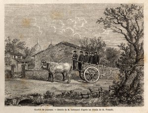 En Sienesisk vagn med bönder, har två hjul, för transport av vinfat, dragna av ett par små vita oxar. Gravyr för att illustrera en resa till Siena (Italien) 1865, i "" Le tour du monde, nouveau journal des voyages"" publicerad under dir. av Unknown artist