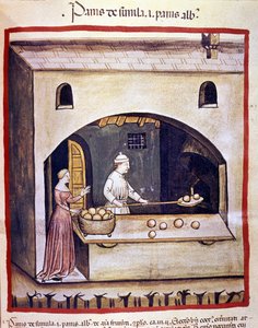 En bagare förbereder vitt bröd och mannagrynsbröd. Belysning från mjölkning av medicin och diet "" Tacuinum sanitatis"" av Unknown artist