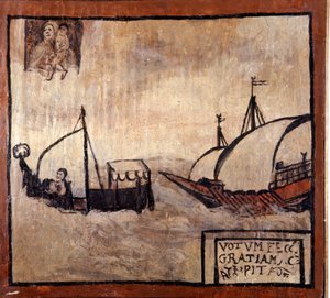 Ett barbareskt pentry jagar en båt med napolitanska fiskare. Ex-voto av 1600-talet. Madonna dell