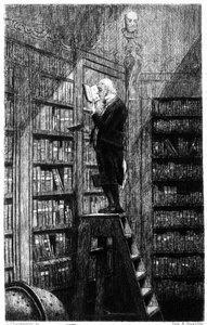 En blibliothecaire på sin stege undersöker böcker på hyllor. Gravyr av 1800-talet av Unknown artist