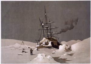En båt fångad i is - i "The shores of the polar sea, an Arctic expedition narration", av Dr Edward Moos, Marcus Nard & Co, London av Unknown artist