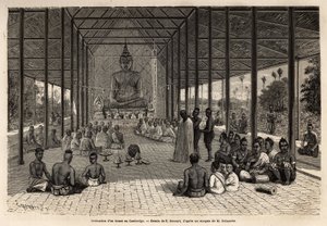 En prästvigningsceremoni i ett tempel i närheten av Angkor, Kambodja. Gravyr för att illustrera upptäcktsfärden i Indokina, av Francis Garnier, löjtnant de Vaissseau, 1866-1868, publicerad i "" Le tour du monde""" 1870-1871, redigerad av av Unknown artist