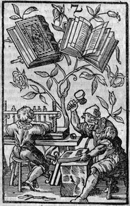 En bokbindarverkstad under medeltiden. av Unknown artist