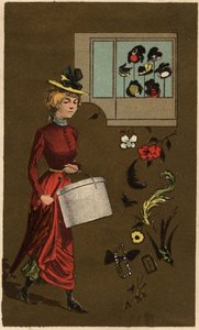 En borgerlig kvinna med hattask, anonym kromolitografi, sent 1800-tal. av Unknown artist