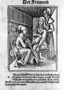 En förlossning. Xylografi av Konrad Merkel efter "De gravida kvinnorna och barnmorskorna Rosengarten", Hagenau av Unknown artist