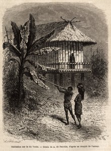 Ett par indianer från Rio Verde (Brasilien) mannen med sin sarbacan, framför ett typiskt hus på pålar. Gravyr för att illustrera resan till New Granada, av Dr. Saffray, 1869, publicerad i "" Le tour du monde""" 1873, redigerad av Edouard Charton, e. av Unknown artist