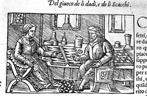 Ett par som spelar tärning. Gravyr efter "Historia de gentis septemtrionalis" av Olaus Magnus, Rom 1560. av Unknown artist