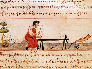 En hantverkare som arbetar med elfenben. Miniatyr från jaktbranschen "" The Cynegetics"" av Oppian (Oppian eller Oppianus) från Syrien (3:e århundradet e.Kr.) tillägnad Caracalla. 1000-talets Venedig. Biblioteca Marciana av Unknown artist