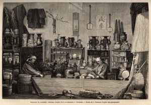 En kuriosaaffär i Yokohama. Gravyr för att illustrera resan till Japan, av Aime Humbert, minister för Schweiziska edsförbundet, 1863-1864, publicerad i "" Le tour du monde""" 1869, redigerad av Edouard Charton, upplaga Hachette, Paris. Selva Collect av Unknown artist
