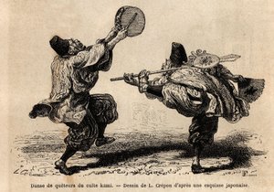 En dans av Kami-kultens överföring, med recitation av litanier och oväntade koreografiska figurer. Gravyr för att illustrera resan till Japan, av Aime Humbert, minister för Schweiziska edsförbundet, 1863-1864, publicerad i "" le tour du monde"", av Unknown artist