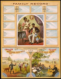 Ett diagram som visar två gårdar som jämför slaveri och frihet. Hög del reserverad för inspelning av familjejubileum. Gravyr v. 1880. av Unknown artist