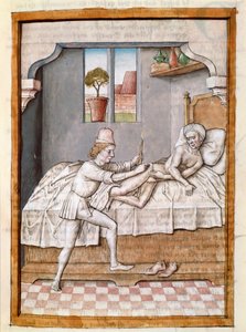 En läkare behandlar en miniatyrpatient från en tysk översättning av fablerna om "Kalila (Calila) och Dimna" av Bidpai. (ms. 1389, fol. 23) omkring 1480 Chantilly, museum Conde av Unknown artist