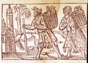 En familj av norrmän som reser på skidor. Gravyr av Olaus Magnus (1490 - 1557), svensk religiös och geograf, "Historia de Gentis Septentrionalibus", Venedig av Unknown artist