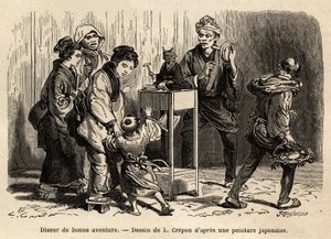 En spåkvinna på gatorna i Edo (numera Tokyo). Gravyr för att illustrera resan till Japan, av Aime Humbert, minister för Schweiziska edsförbundet, 1863-1864, publicerad i "" le tour du monde", under ledning av Edouard Charton, Hachette, Pari av Unknown artist