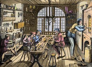 En guldsmedsverkstad - Hantverk: utsikt över verkstaden av Etienne Delaune (1518-1583), guldsmed, fransk tryckare. Gravyr efter original från 1576. Verkstad av Etienne Delaulne, guldsmed i Paris av Unknown artist