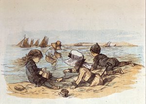En grupp barn som leker vid vattnet på sanden. 1881 av Unknown artist