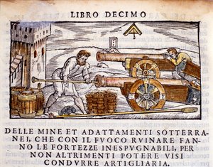 En skytt laddar en pistol med sprängämnen. Gravyr från den metallurgiska mjölkningen "" De la Pyrotechnia"" (eller Pirotechnia) av Vannoccio Biringuccio (1480-1539) 1550. av Unknown artist