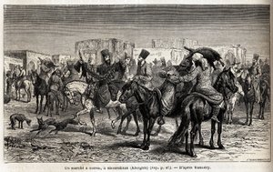 En hästpromenad i Shurakhan (Kirgizistan eller Kirgizistan). Teckning av Emile Bayard (1837-1891), för att illustrera resan till Centralasien, 1863, av Arminius Vambery (ungersk vetenskapsman förklädd i dervisch). Gravyr i "" Le tour du monde"", redigerad  av Unknown artist