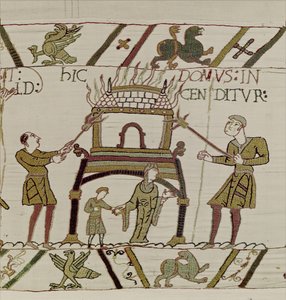 Ett hus är bränt av normanderna, Bayeux Tapestry (ullbroderi på linne) av Unknown artist