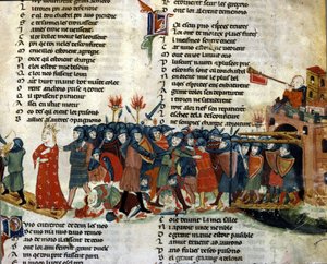 En kung tas till fånga och förs bort av fiendens armé medan offren för striden ligger på marken. Miniatyr av "Roman de Troy"" av Benoit de Saint Maure. 1300-talets Biblioteca Marciana, Venedig av Unknown artist