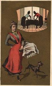 En tvättmaskin som bär tvätt i en korg. Anonym kromolitografi, sent 1800-tal. av Unknown artist