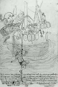 En man försöker reparera skrovet på en båt med en mask. av Unknown artist