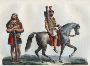 En militär lictor och En militär lictor av kavalleriet - gravyr från "Användningar och seder för alla folk i universum. Det är historien om regeringen, om lagarna, om milisen, om religionen för alla nationer från de mest avlägsna tiderna till våra dagar" av Unknown artist