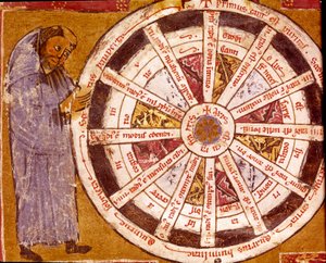 En munk nära det religiösa livets hjul Miniatyr från Hugo de Sancto Victores "verk" (Hugh av St. Victor) (ca 1096-1141) 1100-talets Biblioteca Governativa, Cremona av Unknown artist