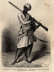 En bergsbestigare från Hazara (Punjab, Indien). Gravyr för att illustrera resan till Pandjab och Kashmir, berättelse av Guillaume Lejean, 1866, publicerad i "Le tour du monde, nouveau journal des voyages", under ledning av Edouard Charton av Unknown artist