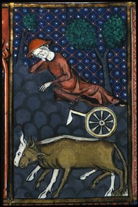 En bonde som vilar, bredvid honom oxar och en miniatyrplog från 1300-talet. av Unknown artist