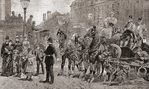 En polis stoppar trafiken på ett trafikerat övergångsställe för att låta fotgängare korsa vägen, London, England av Unknown artist