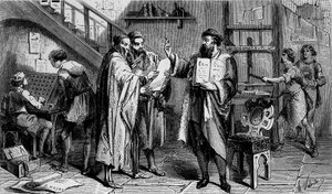 Ett tryckeri på 1400-talet, gravyr 1800-talet. av Unknown artist