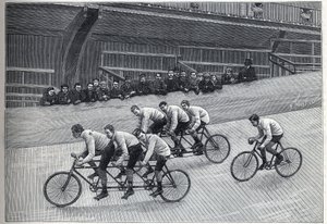 En rekordman cyklist med sina tränare på tripletttåg på en cykelbana. Gravyr i "" La Nature"" av Unknown artist