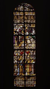 En rätt till vikter och mått, garanterad genom närvaron av en lämplig kontrollant (överst). Chilperic välkomnades av evequen i Tournai efter nederlaget av sin bror Sigebert (nederst). Målat glas vid Cathedrale de Tournai: Transept höger (3). av Unknown artist