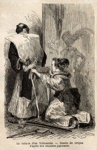 En samurajs toalett, en ung piga hjälper henne att knyta sin kimono. Gravyr för att illustrera resan till Japan, 1863-1864, av Aime Humbert, minister för Schweiziska edsförbundet, i "" Le tour du monde, nouveau journal des voyages"" publicerad under lednin av Unknown artist