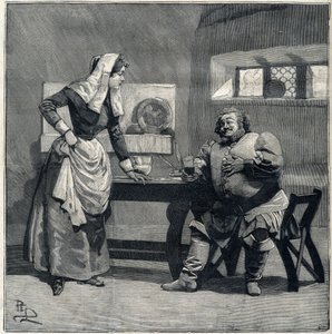 En scen av "Falstaff" från Operans eponym av Giuseppe Verdi skapades 1893. Gravyr i "" Le Parisien"" av Unknown artist